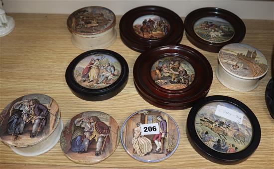 Five framed Prattware pot lids, two unframed pot lids and three lidded pots (10)